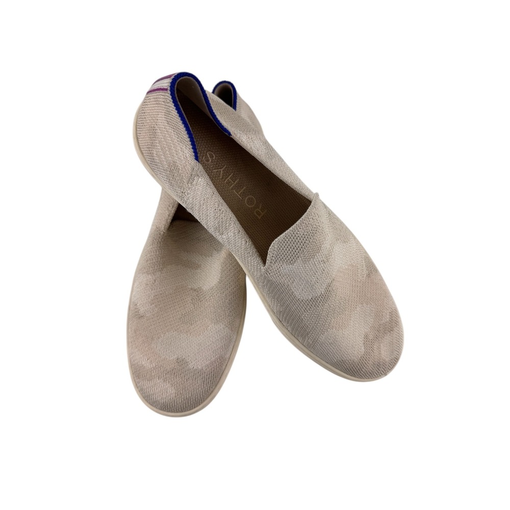 Rothys‎ The Sneaker Slip On Camo Beige Blue Trim Womens Shoes Size 8.5 Comfort